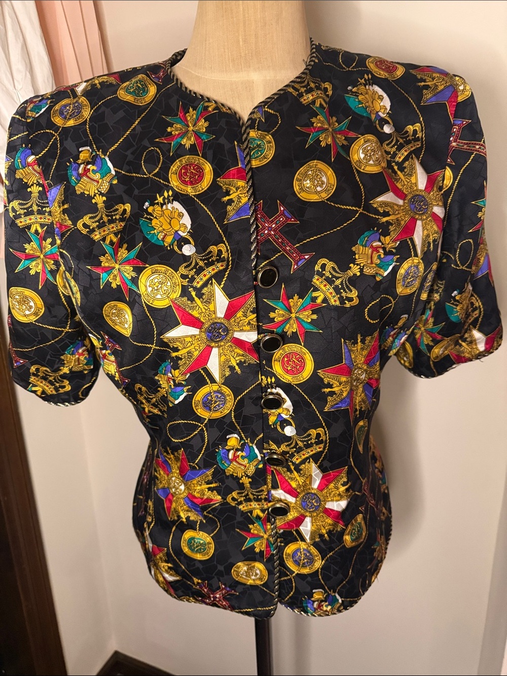 Black Medallion Print Button-Front Women's Top